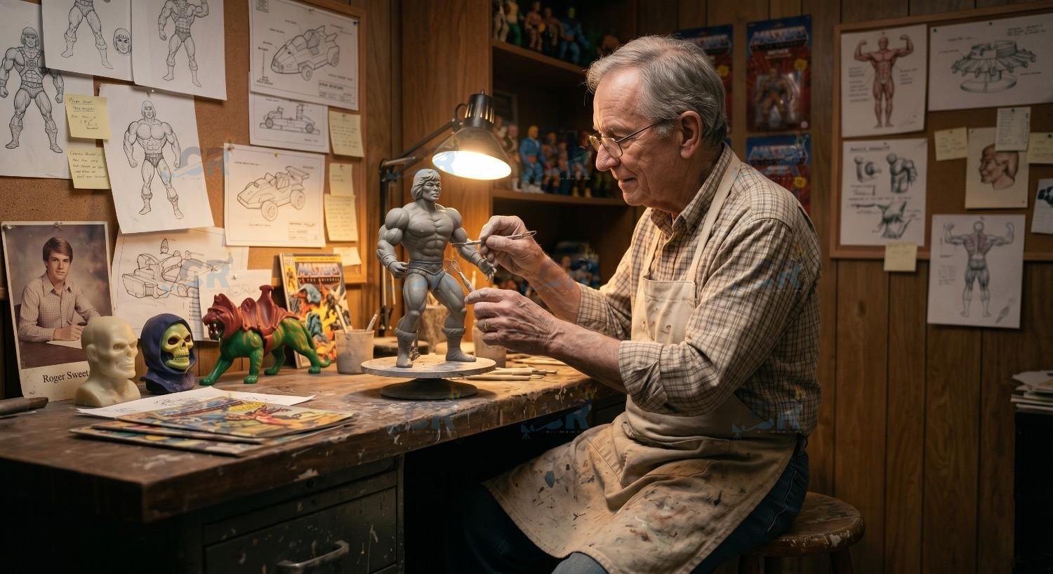 A photo-realistic portrait of older toy designer Roger Sweet, wearing glasses and a plaid shirt, sitting at his detailed wooden workbench and actively sculpting a grey He-Man prototype with a fine clay tool under a desk lamp
