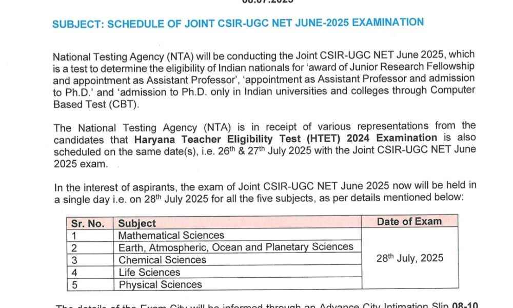 CSIR-UGC NET 2025 Exam Notice