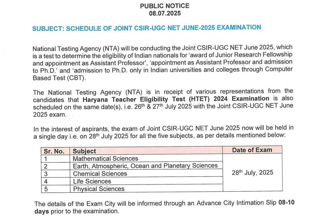 CSIR-UGC NET 2025 Exam Notice