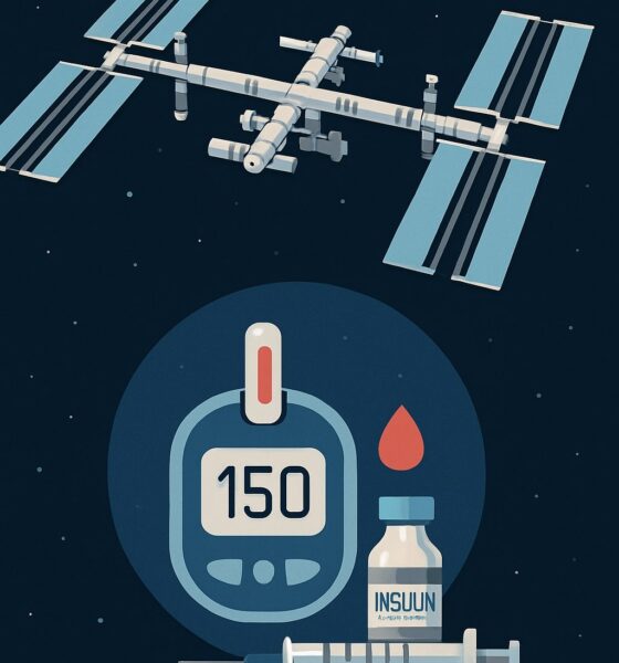 Illustration showing the International Space Station alongside a glucose meter and insulin vial, symbolizing the first-ever research on blood sugar and insulin regulation in space.