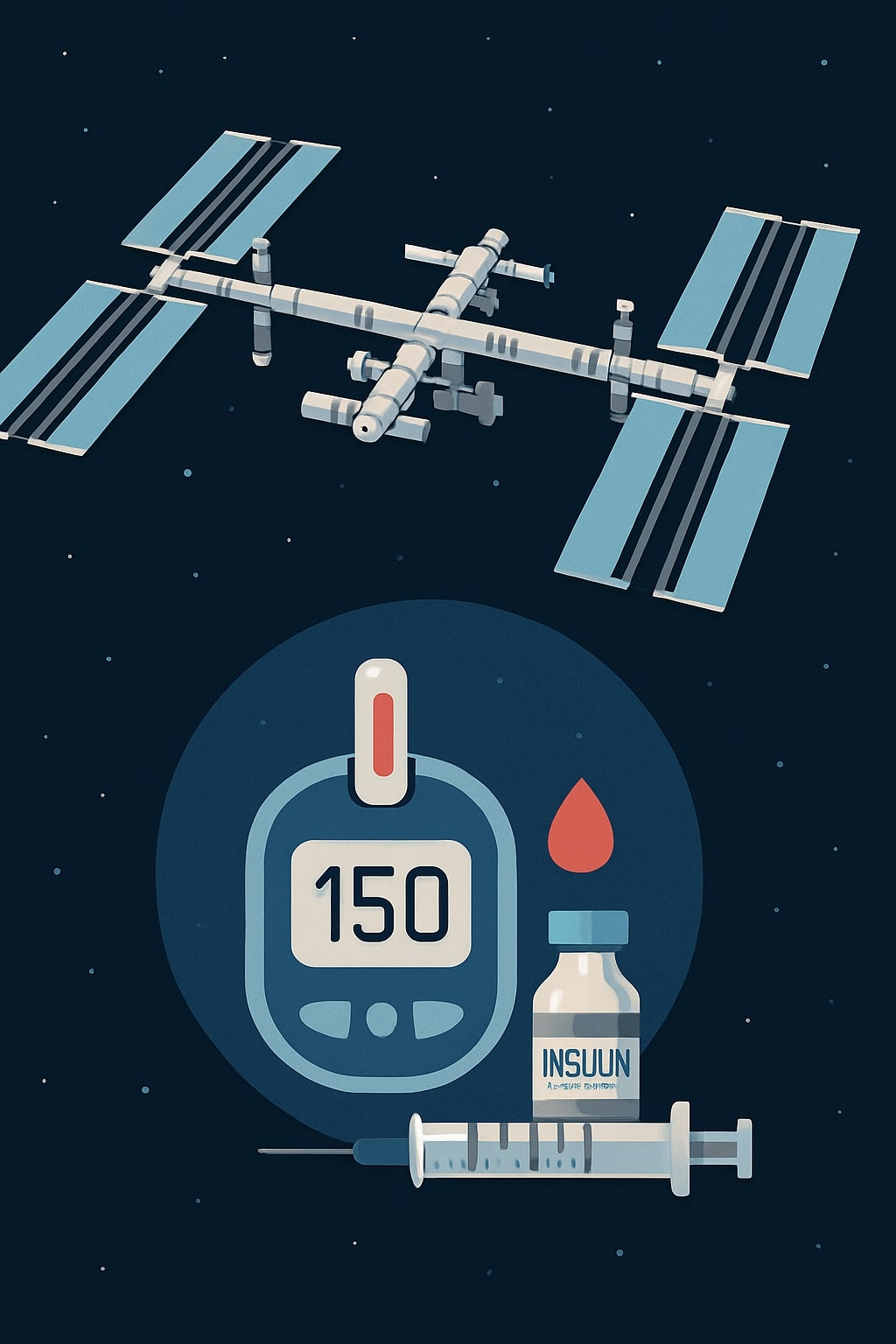 Illustration showing the International Space Station alongside a glucose meter and insulin vial, symbolizing the first-ever research on blood sugar and insulin regulation in space.