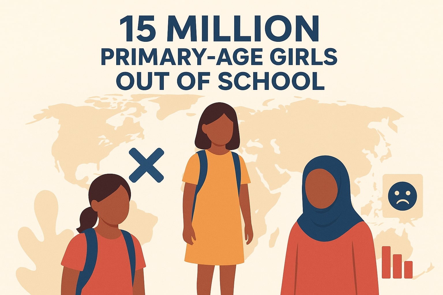 Highlighting the global crisis: 15 million primary school-aged girls are deprived of education, as symbolic elements illustrate the challenges they face. (AI generated)