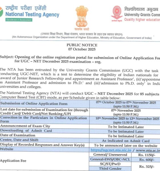 UGC-NET December 2025: Registration begins for the national eligibility exam — prepare now for Assistant Professor and JRF opportunities.