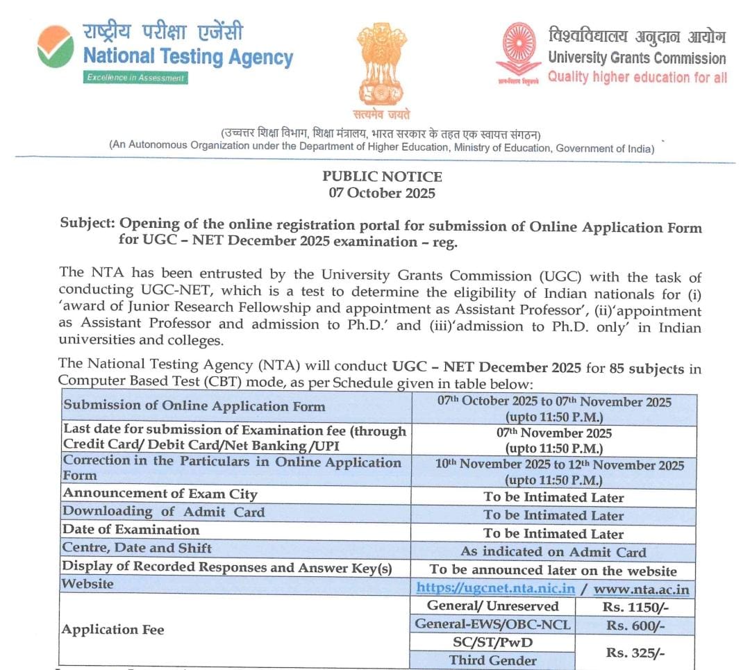 UGC-NET December 2025: Registration begins for the national eligibility exam — prepare now for Assistant Professor and JRF opportunities.