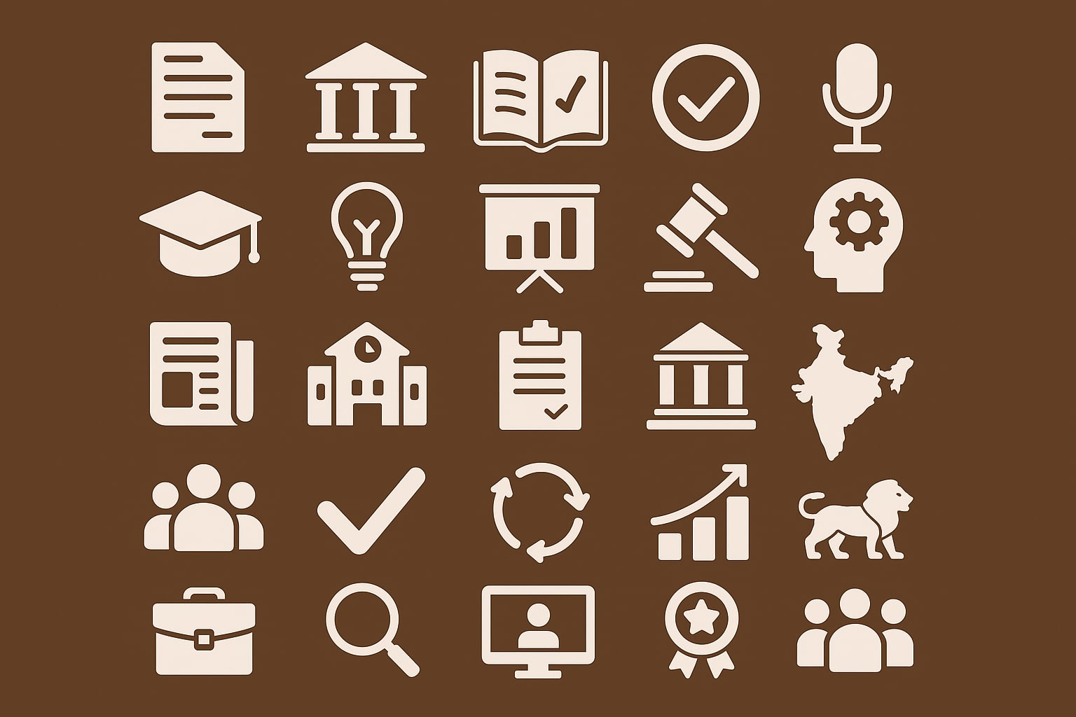 Icons depicting key elements of India’s academic and administrative development.