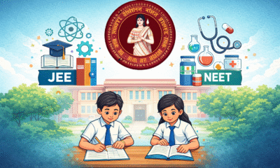 Students preparing for competitive exams under a government-supported initiative, symbolising equal access to quality education through science, medicine, and structured academic guidance.