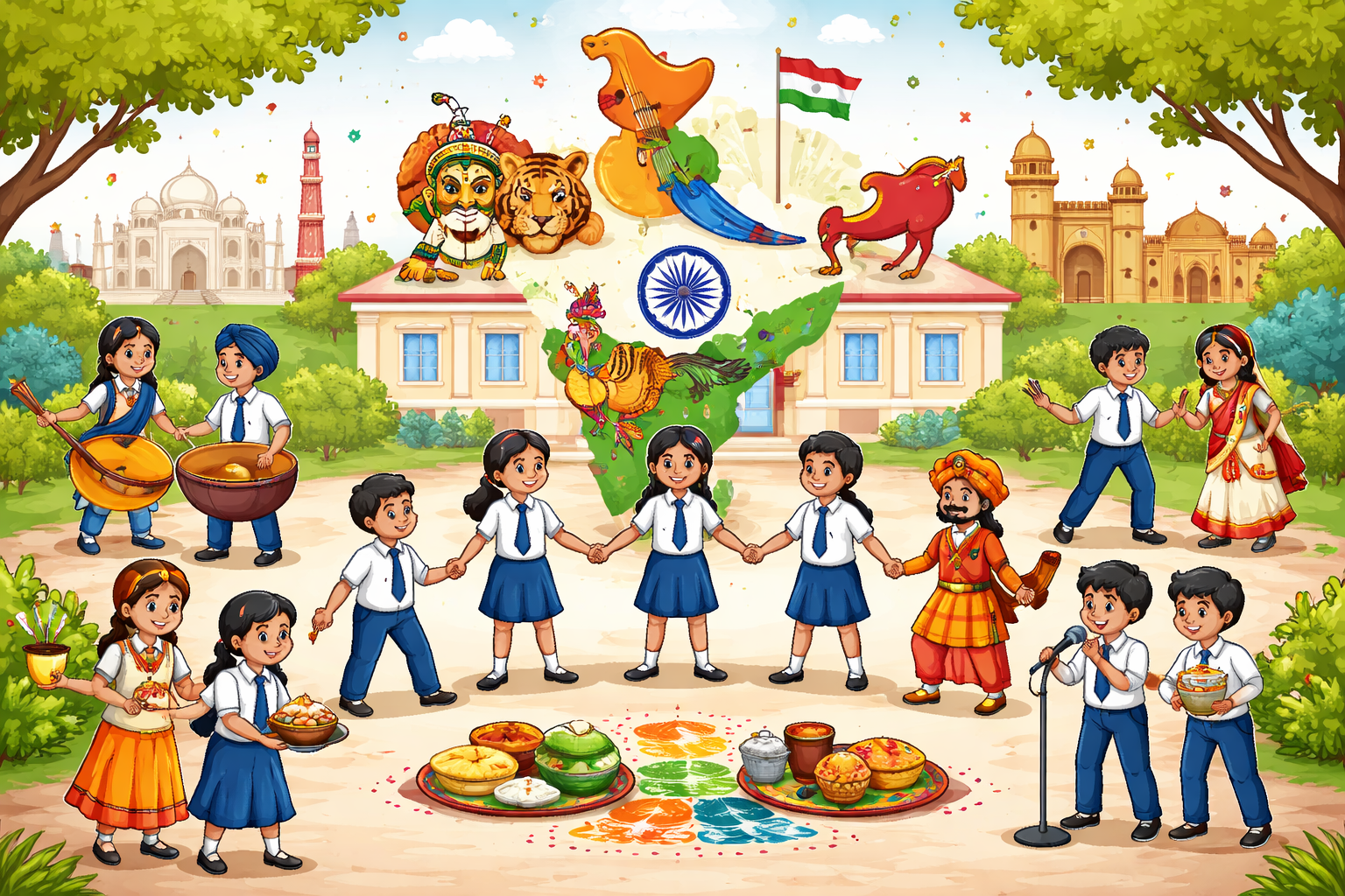 भारत की विविध संस्कृति और एकता का प्रतीक बनते स्कूल के बच्चे, सांस्कृतिक गतिविधियों और राष्ट्रीय प्रतीकों के माध्यम से आपसी जुड़ाव को दर्शाते हुए।