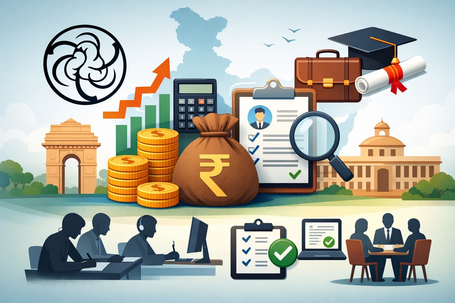 Opportunities in education administration — recruitment, growth, and government service symbolised through learning, selection, and progress.