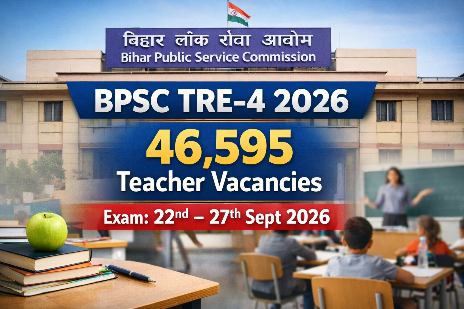 BPSC TRE-4 2026 announced:approximately 46,595 teacher vacancies to be filled across Bihar; examination scheduled from September 22 to 27, detailed notification awaited