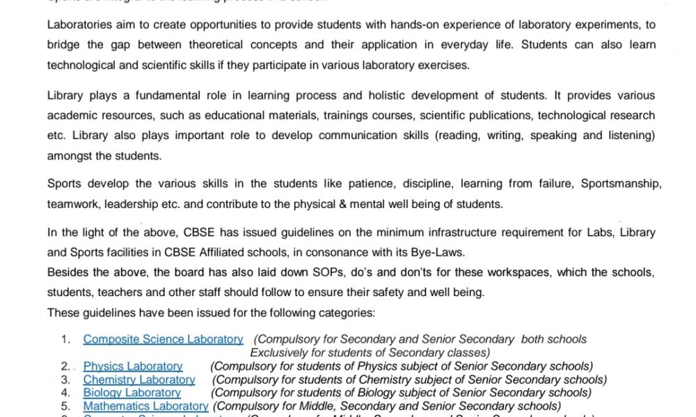 CBSE issues new guidelines mandating proper labs, libraries, and sports infrastructure in schools to promote holistic and experiential learning under NEP 2020.