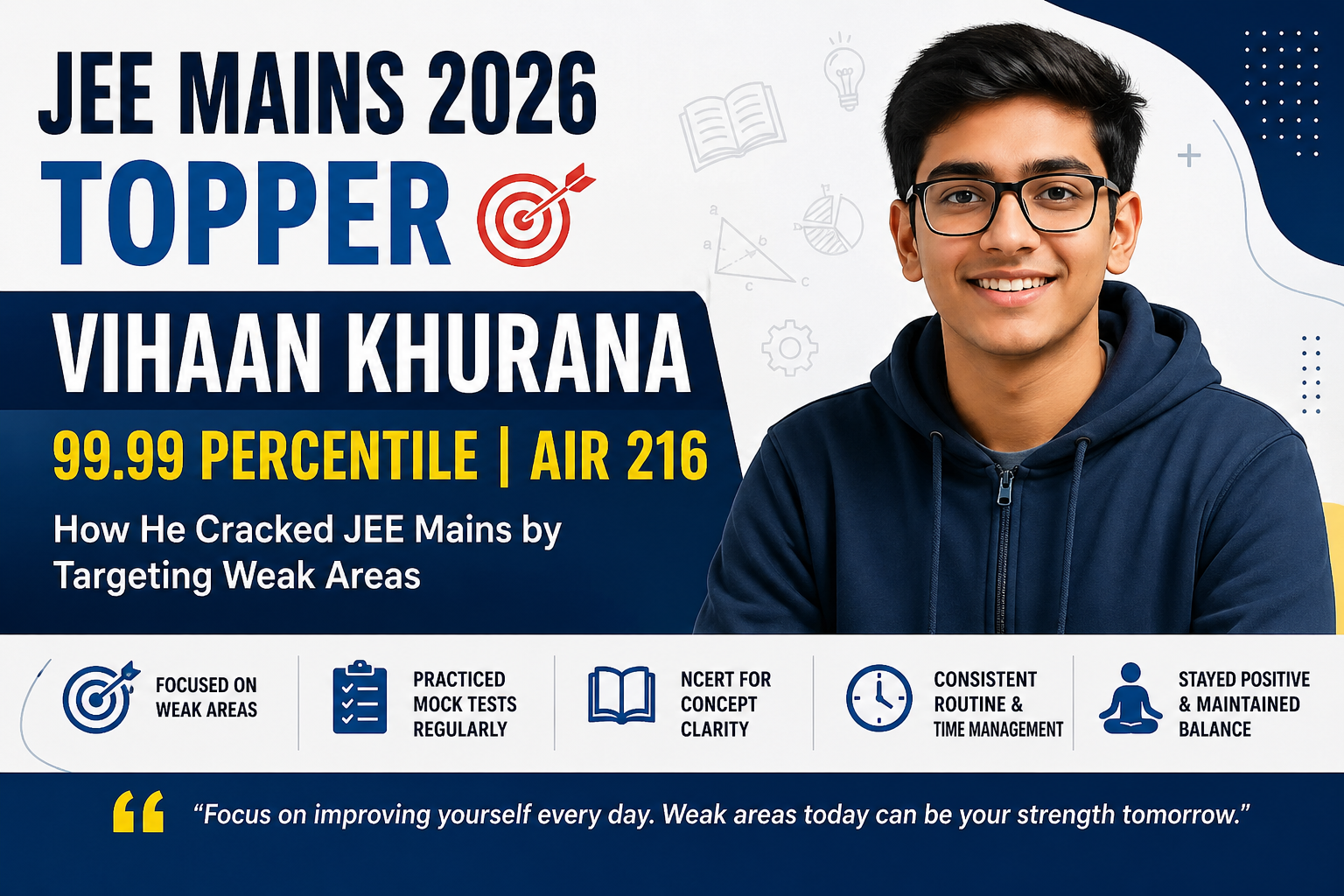 Vihaan Khurana JEE Mains 2026 topper 99.99 percentile strategy focusing on weak areas