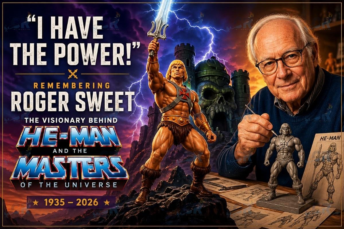 Illustration of a muscular He-Man style hero raising a glowing sword beside toy designer Roger Sweet sculpting a figure, with a fantasy castle in the background