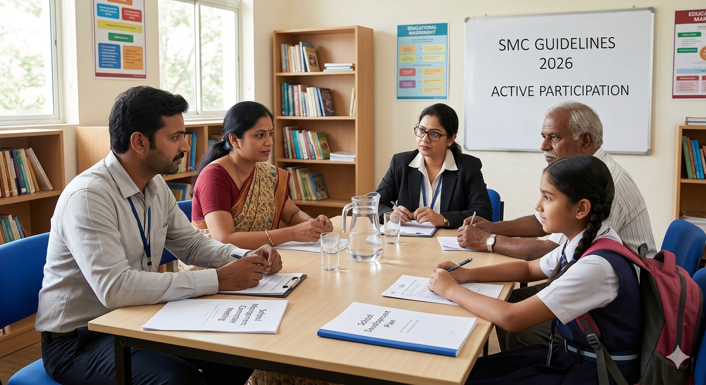 This image portrays a School Management Committee (SMC) meeting in progress, reflecting the article’s core theme of stakeholder participation. It features a diverse group—a teacher, a mother, an official, an elder, and a student—around a table, emphasizing the collaborative decision-making process.
