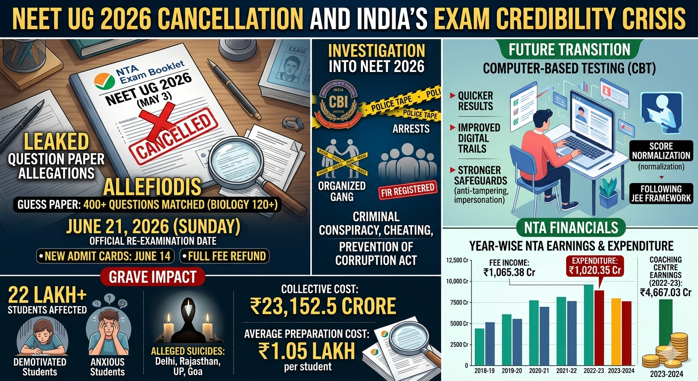 An infographic summarizing the cancellation of NEET UG 2026 following a question paper leak. The visual details the upcoming June 21 re-examination , the massive ₹23,152.5 crore financial toll on families , the ongoing CBI investigation , and NTA’s proposed transition toward Computer-Based Testing (CBT).