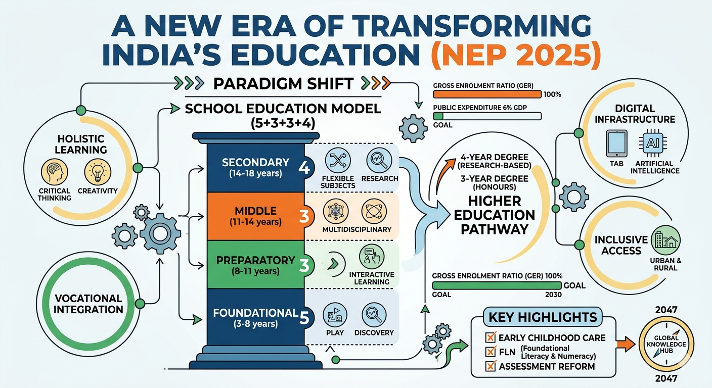 A comprehensive infographic outlining the multi-stage transformation and digital integration within India's National Education Policy 2025.