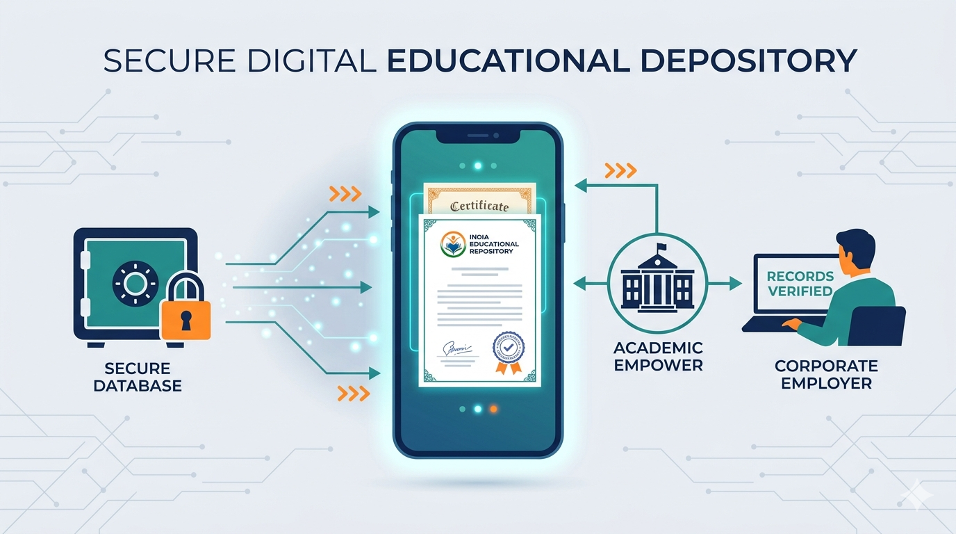 banner illustrating a secure Indian digital educational depository, connecting a smartphone wallet of verified degrees to a secure database vault, a university icon, and a corporate employer verifying records.