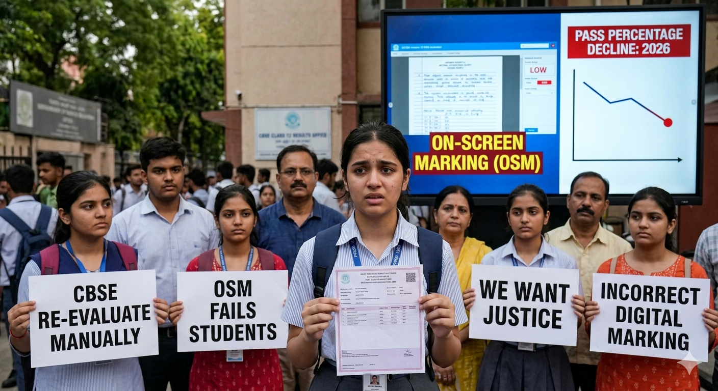 Thousands of CBSE Class 12 students and parents demand free manual re-evaluation as the newly introduced On-Screen Marking (OSM) digital system is blamed for unexpectedly lower scores and a 3.14% drop in the national pass percentage.