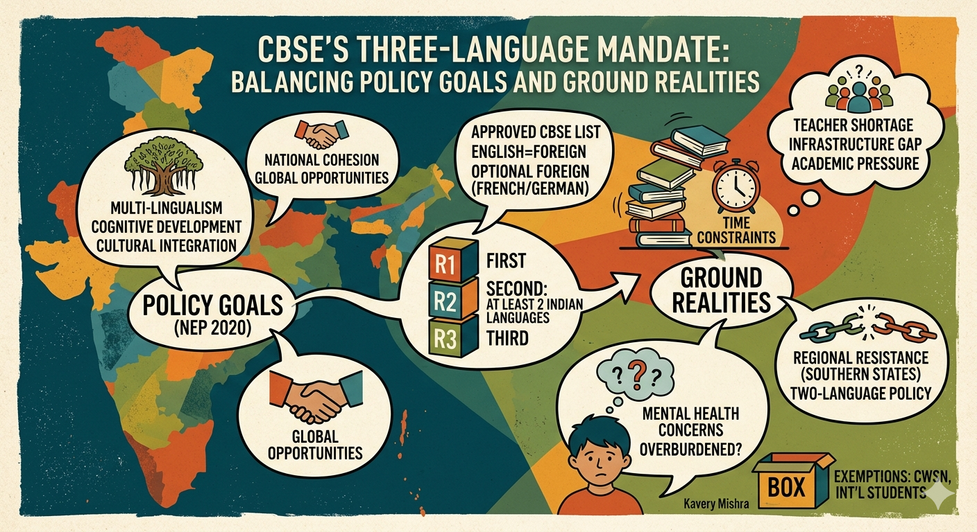This infographic visualizes the central tension of the CBSE policy as detailed in the article. It maps out the ambitious educational and national cohesion goals on one side, and the significant logistical and regional challenges on the other. It illustrates the potential for this policy to lead to a more diverse and empowered student body while also highlighting the serious concerns about over-burdening students.