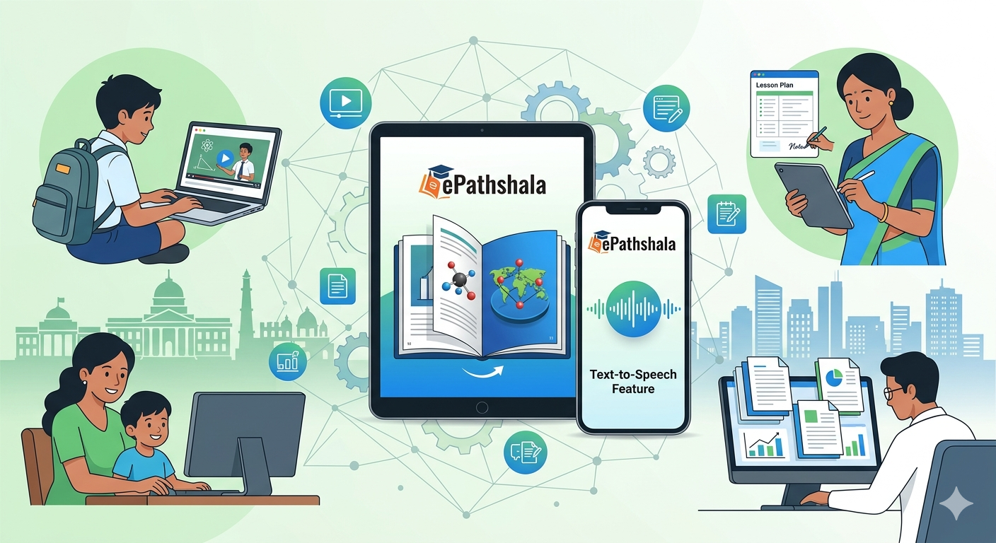A tablet and smartphone showcase interactive digital flipbooks, 3D educational graphics, and a specialized Text-to-Speech feature with an audio waveform.