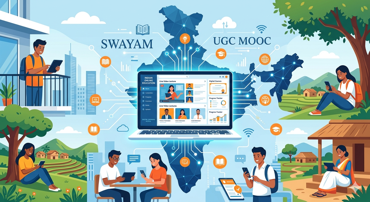 At the heart of the image, a large laptop displays an interactive online classroom interface featuring organized video lectures, student progress trackers, and digital course certificates.