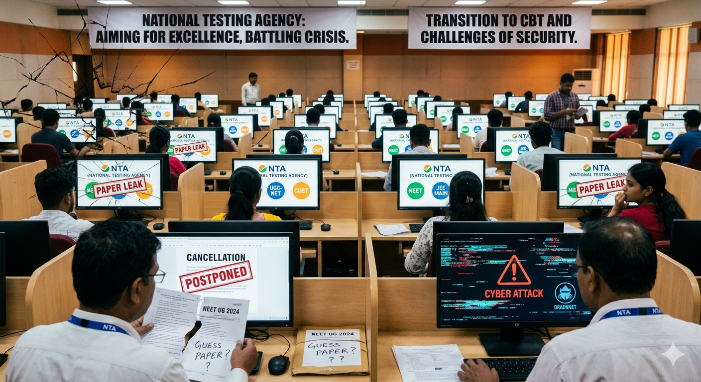 The NTA, established to modernise Indian testing, faces a 'Credibility Crisis' from major paper leaks and cyber security breaches affecting NEET and JEE exams.