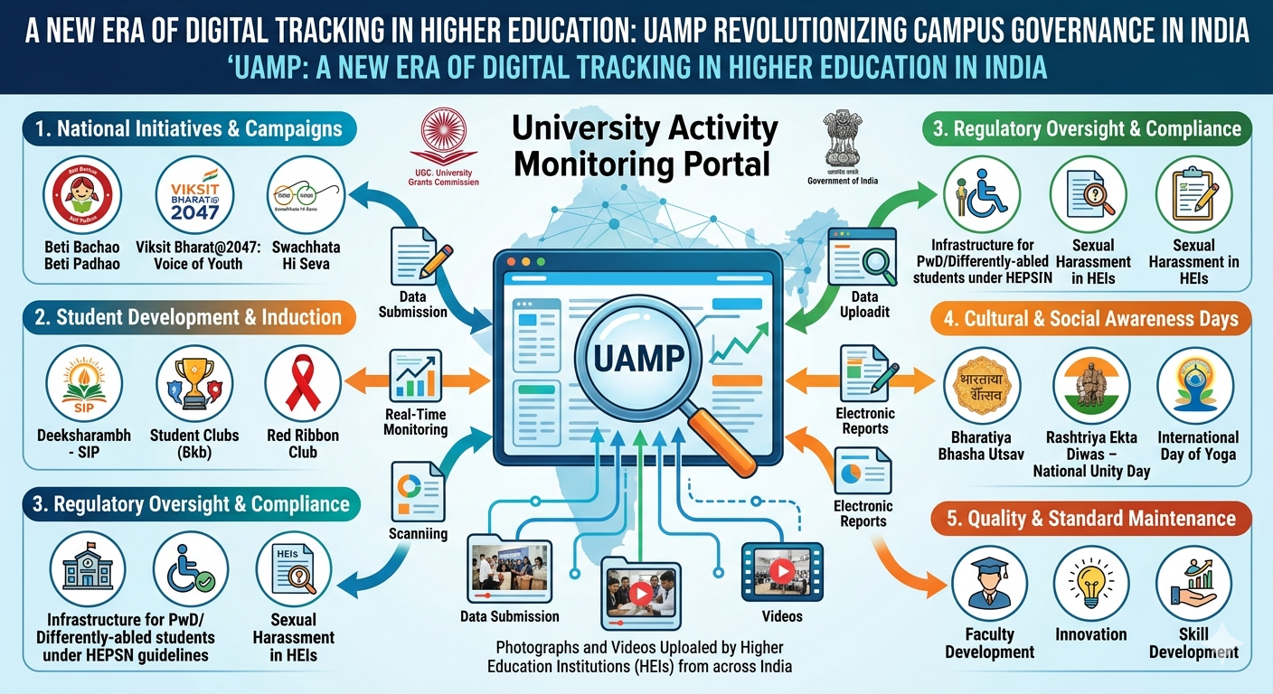 An infographic detailing the role of India's University Activity Monitoring Portal (UAMP) in tracking diverse campus initiatives.