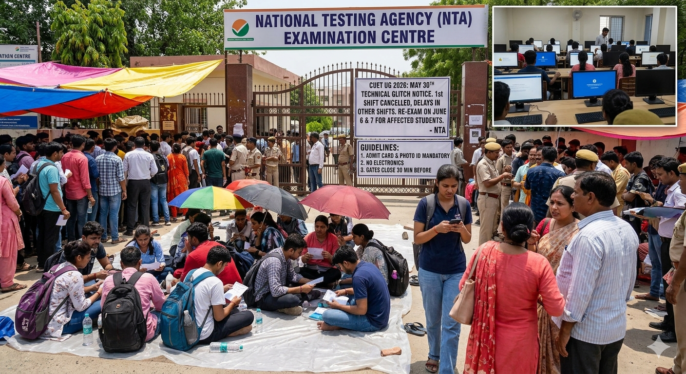 Students face uncertainty and delays outside an NTA examination centre following technical glitches during the CUET UG 2026.