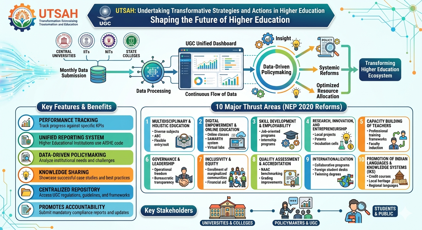 UTSAH is a digital portal by the UGC designed to track, support, and monitor the implementation of NEP 2020 initiatives across Indian Higher Educational Institutions to foster data-driven policymaking.